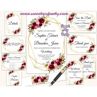 Burgundy Wedding Invitation set,Geometric Wedding invitation set,(116w)